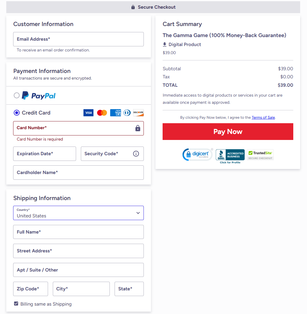 Gamma Game secure checkout form